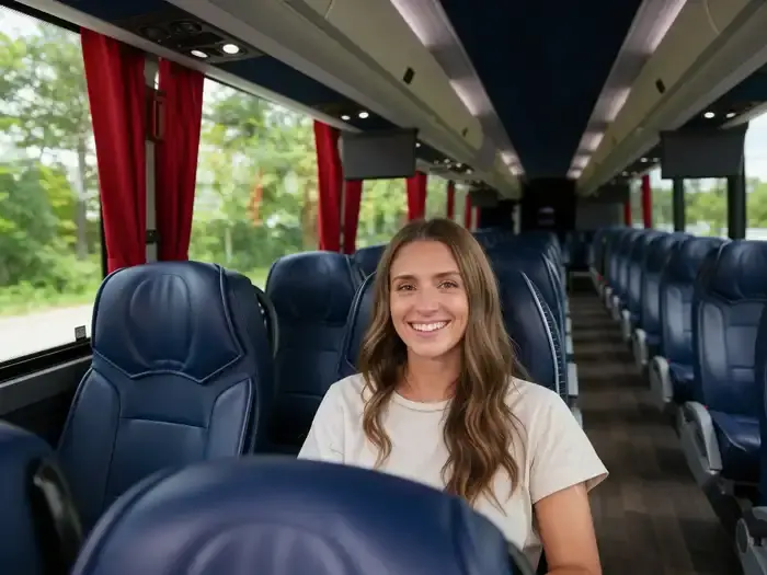 happy charter bus passenger